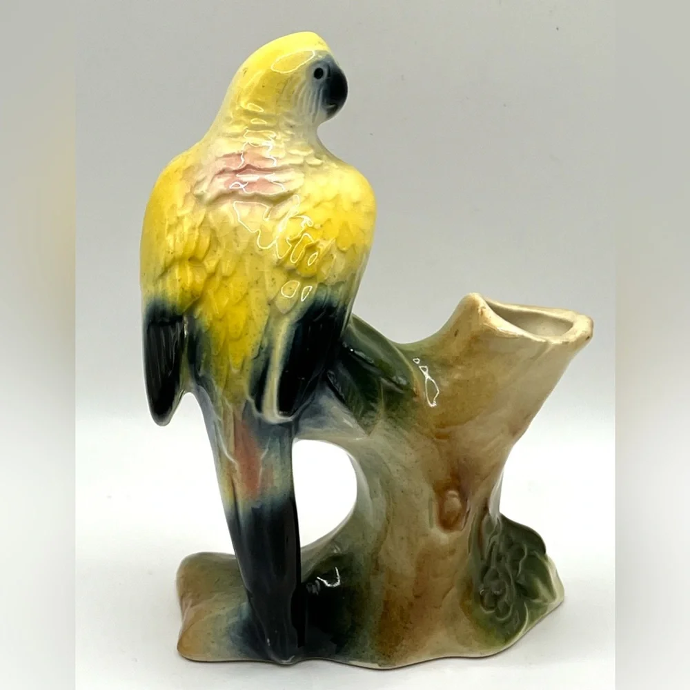 Vintage Royal Copley Yellow Parrot Bird on Tree Brunch Ceramic Vase Figurine 5